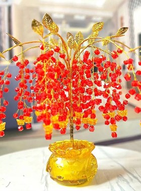 红果摇钱树d琉璃水晶聚宝盆乔迁开业送礼桌面酒柜玄关招财装饰摆