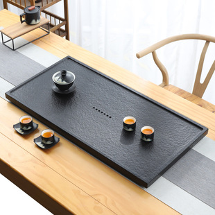 天然乌金石茶盘排水家用简约现代客厅石盘石头单盘整块石茶台拖盘