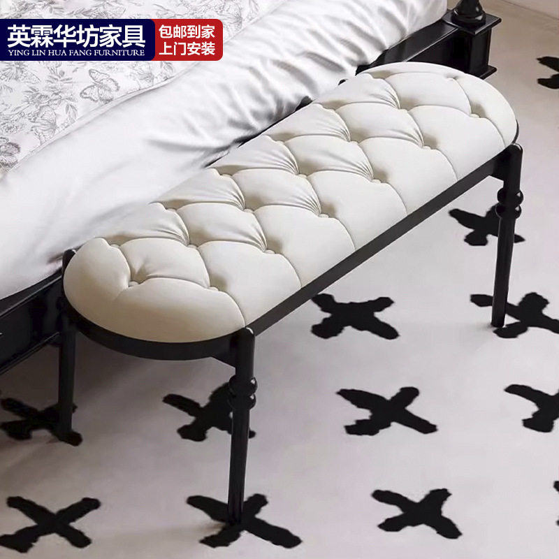 美式实木床尾凳白腊木长凳沙发中古风卧室家具玄关门厅换鞋长凳子