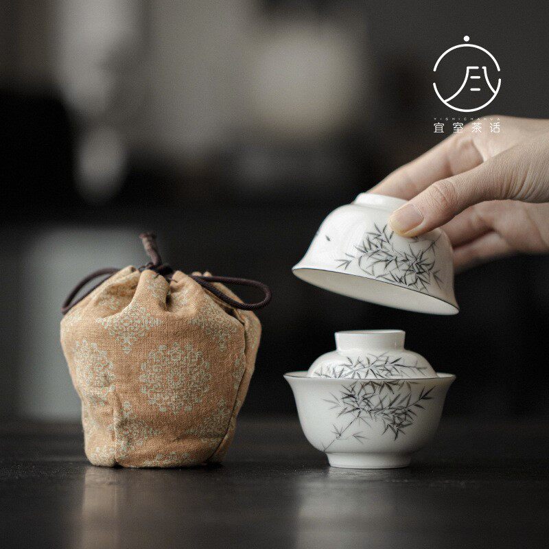 宜室茶话仿古手绘竹子盖碗茶杯套装轻奢便携收纳袋户外旅行小套装