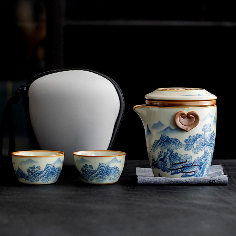 便携式旅行茶具小套装简易青花瓷泡茶壶茶杯户外游露营宿舍快客杯