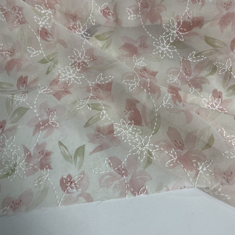 G44白底粉色印花雪o纺布头优雅气质柔软垂坠透气连衣裙上衣diy面