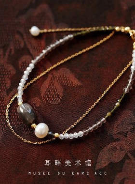 A黑骨干天然珍珠双层手链水晶女款国风新中式高级感小众闺蜜礼物