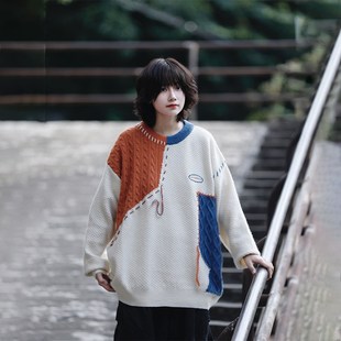 潮牌小众拼接设计圆领毛衣男秋K冬宽松套头新款 阿于呆美式 外套女