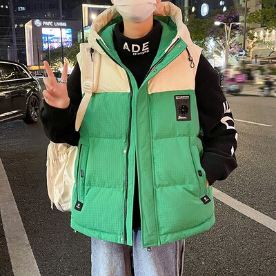 秋冬季青少年连帽马甲外套男孩初中学生背心N胖大童加厚羽绒棉马