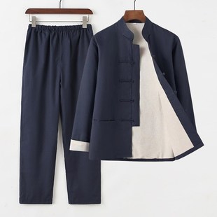 休D闲男装 中国风唐装 套装 男中式 两件套复古盘扣汉服茶服 棉麻长袖