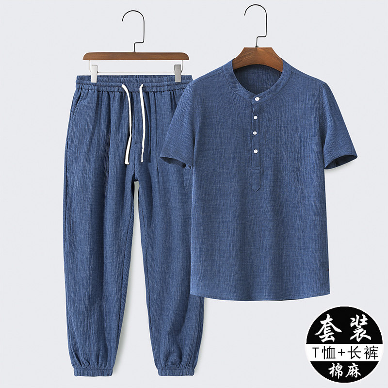 薄款亚麻套装男中国风青年冰丝棉麻唐装K短袖t恤中老年爸爸夏装