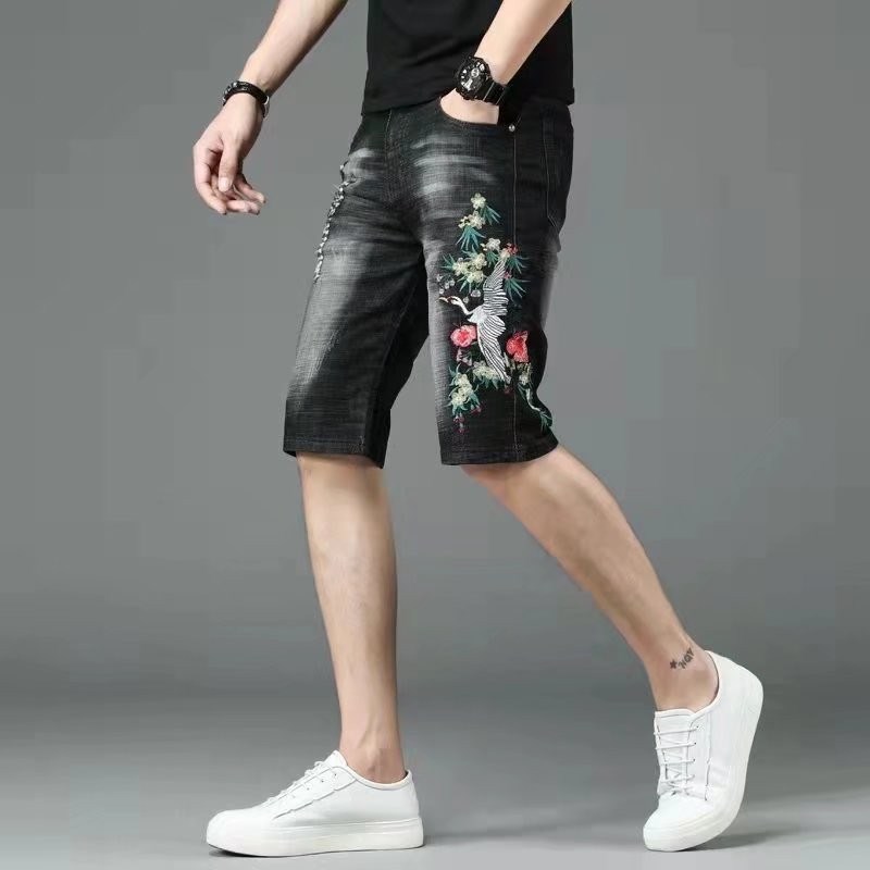 网红刺绣破洞男士牛仔短裤男韩版潮流修身五分裤T七分中裤夏季弹