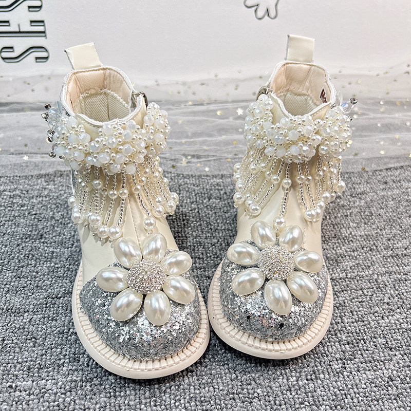 女童短靴加绒小女孩鞋子冬季高跟儿童靴子2023新款洋派冬款公主鞋