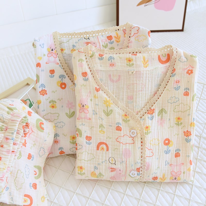 睡衣女春秋款带胸垫纯棉纱布202C5年新款网红风夏季薄款长袖家居