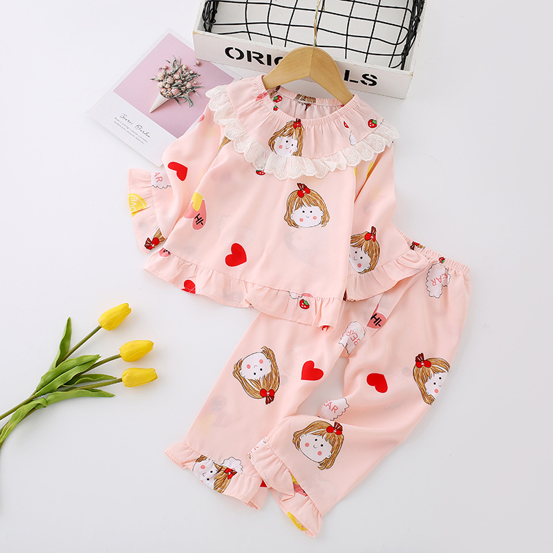 儿童棉绸童装女宝宝透气长袖粘纤居家休闲人造棉睡衣居家空调服夏