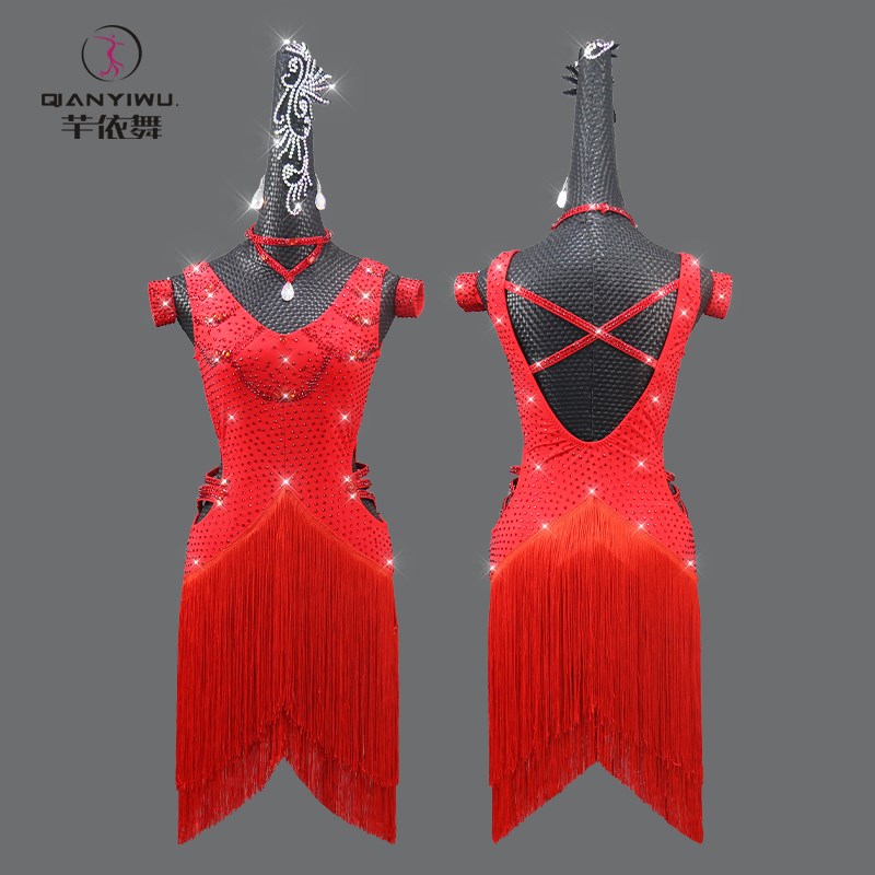 新款红色拉丁舞裙比赛服装u女式表演出专业连体衣流苏少儿大码桑