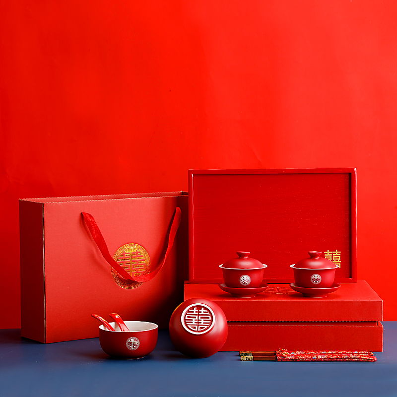 敬茶杯结婚套装红色陶瓷改口茶杯婚庆红碗筷盖碗一对陪嫁喜杯喜碗