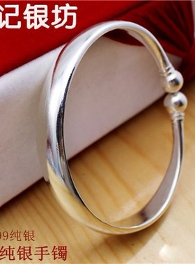 正品 纯银首饰 999纯银手镯 纯手工银镯 圆头贵妃镯 蒜头光面手镯