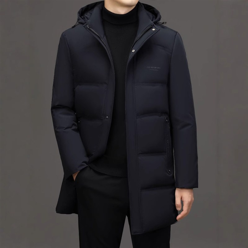 高档潮流连帽中长款保暖外套男装2024冬季新款韩版W纯色开衫羽绒
