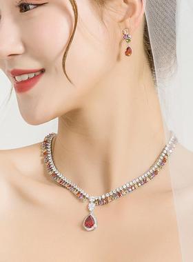 项链锆石饰品复古小众设计韩式新娘耳环两件套高档微镶配饰首饰