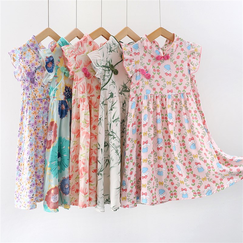 女童夏装连衣裙儿童棉绸新中式公主裙夏季国风人造棉飞边改良旗袍