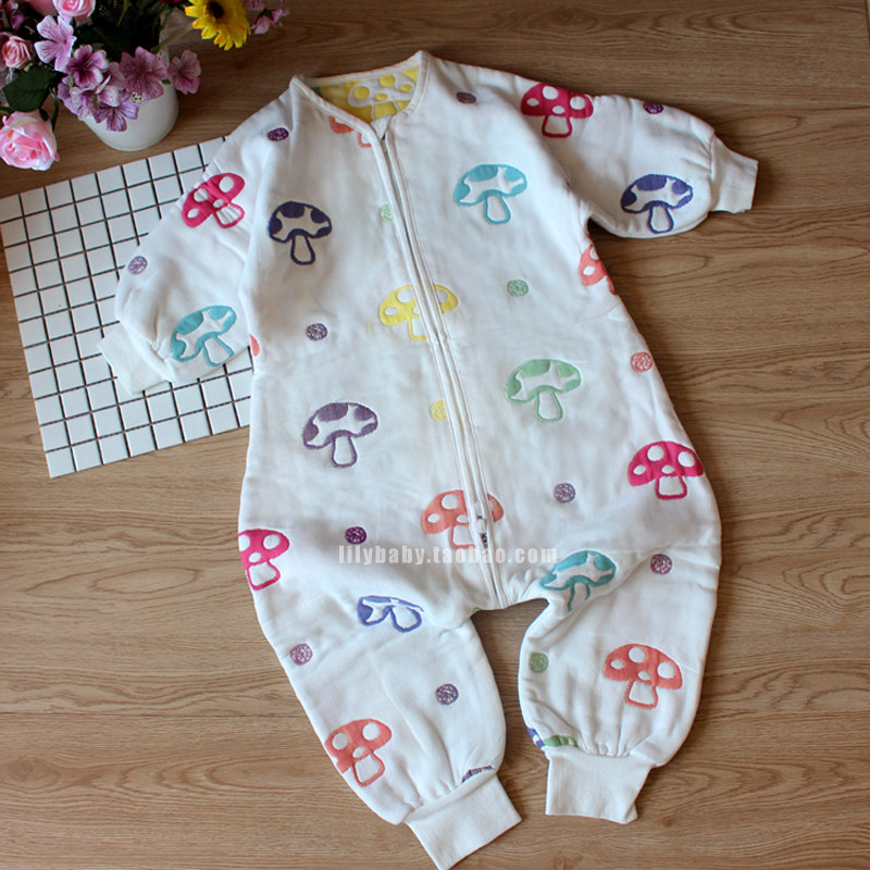 六层纱布婴儿分腿睡袋春夏纯棉三层睡袍儿童防踢被女宝宝蘑菇睡袋