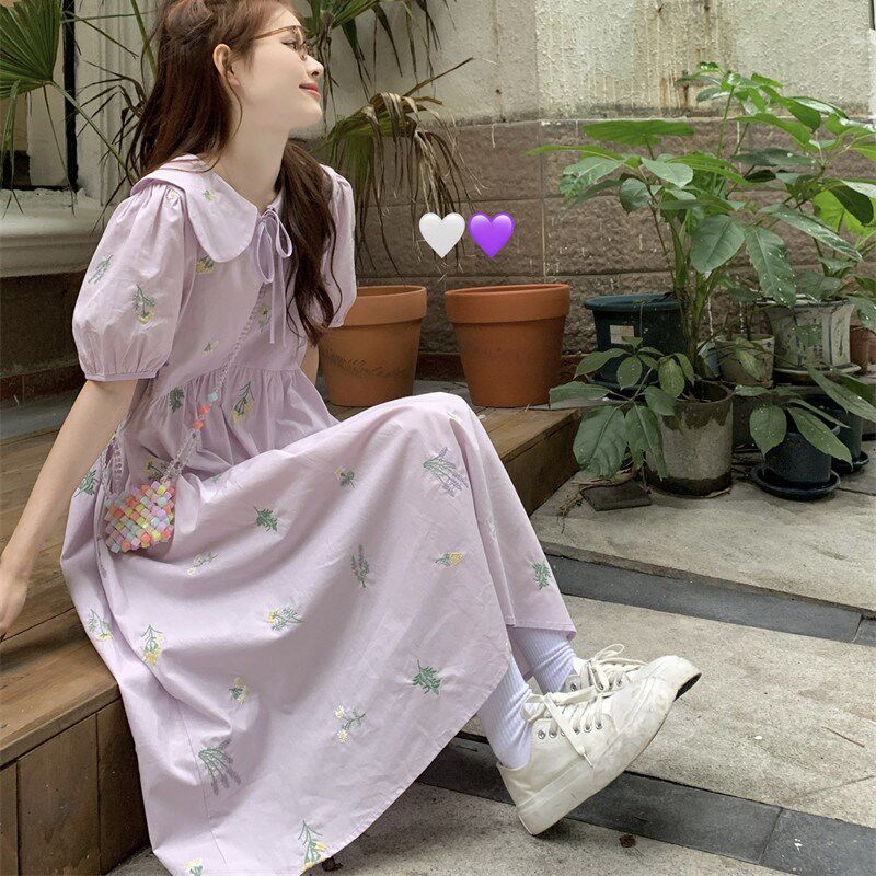 女大童短袖连衣裙夏季少女孩初中高中学生胖童宽松刺绣碎花长裙子