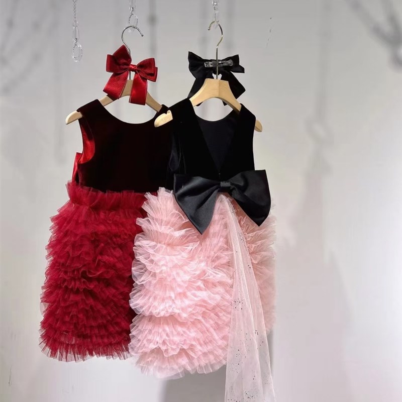 高定礼服24秋冬女童圣诞新年红色丝绒背心裙蛋糕裙节日礼服演出服