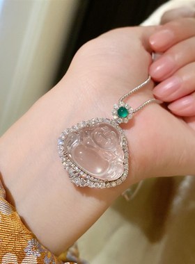 新中式国风20*25mm绿顶珠水沫玉小佛公吊坠项链925银女起刚感微棉