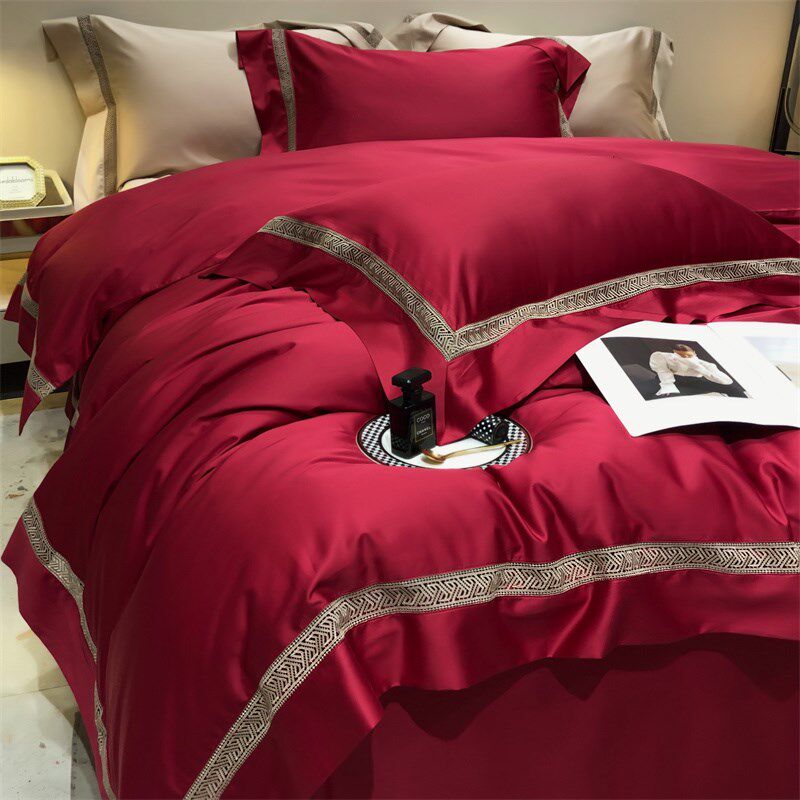 高端婚庆四件f套红色全棉纯棉结婚床上用品纯色镂空边奢华婚礼床