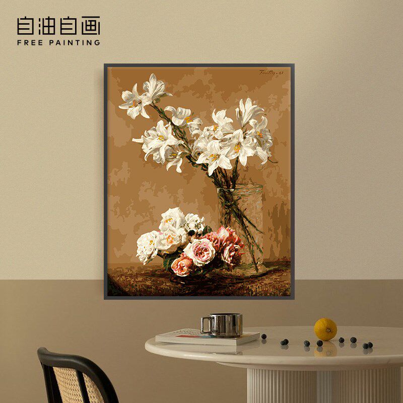 自油自画 数字油画diy手绘手工填充填色减N压花卉油彩画玫瑰与百