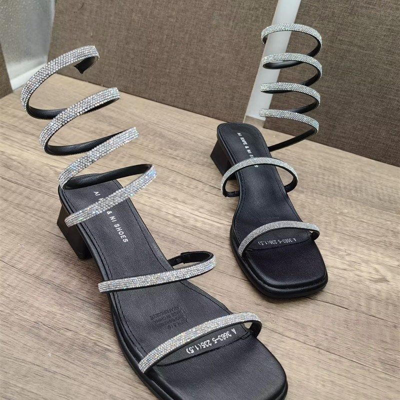 2024水钻套脚一字带凉t鞋女鞋夏粗跟露趾缠绕绕脚仙女风平跟凉鞋,女鞋,一字带凉鞋,淘宝优惠券,粉丝福利购,淘宝优惠卷