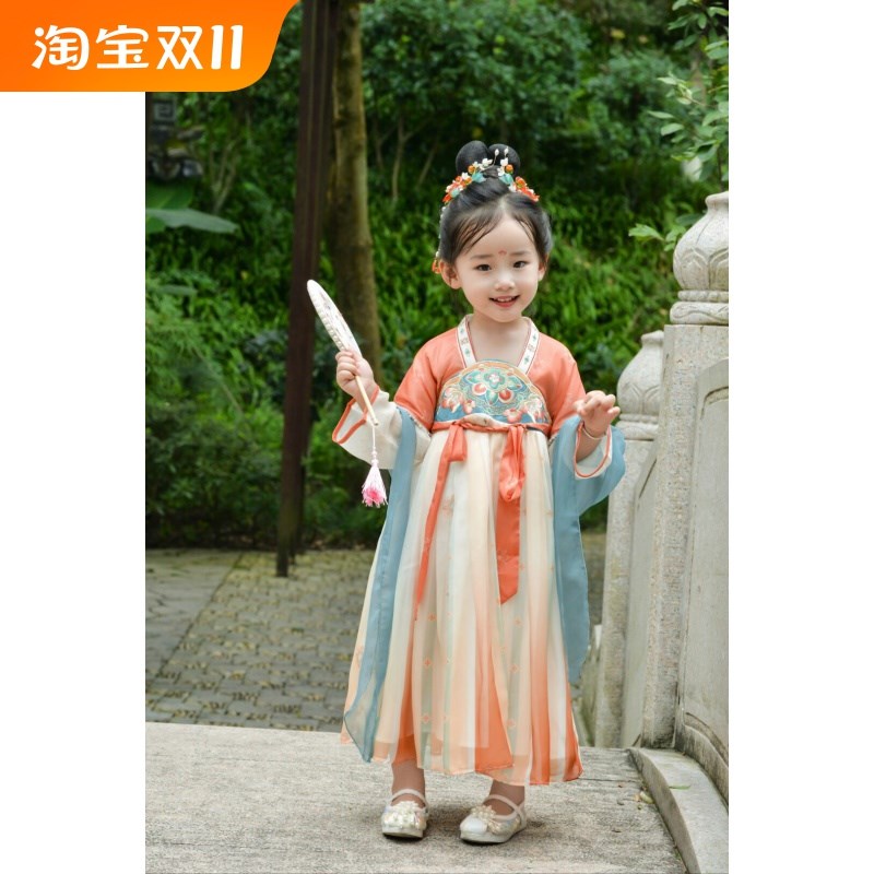 女童汉服半袖假两件橘色襦裙万针刺绣中秋女宝连衣裙国风高级新款