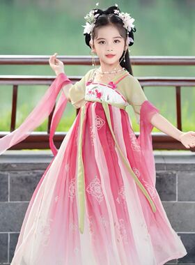 古风汉服女童春夏款连衣裙雪纺超仙红色黄色夏款古装儿童演出服