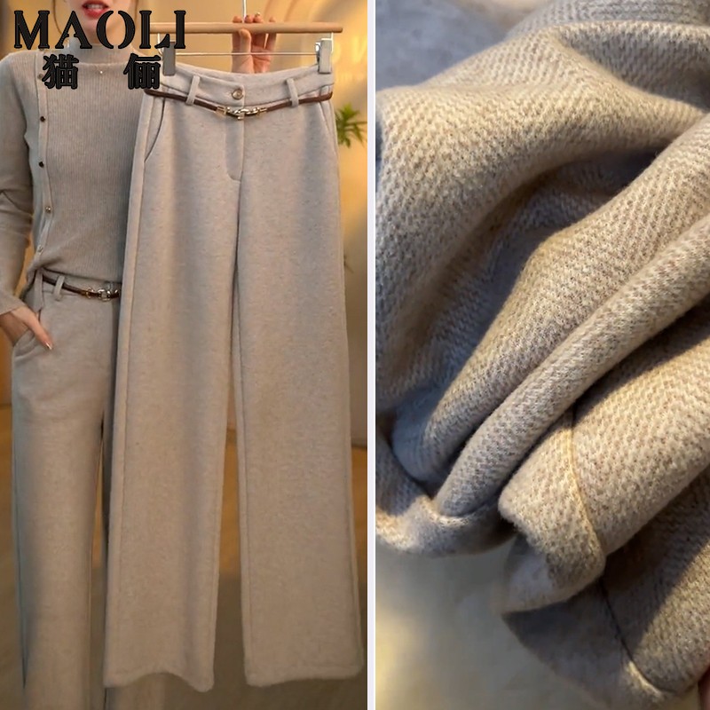 秋冬醋酸加绒羊毛阔腿裤猫俪高腰