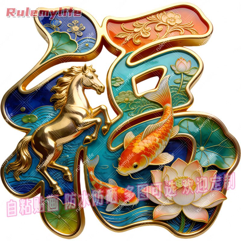 春节创意福字金马锦鲤招财进宝平面自粘贴画防水防晒门窗冰箱装饰