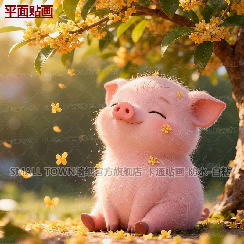 治愈系小猪海报墙贴画爆款桂花树下晒太阳的小猪家用贴墙遮瑕补洞