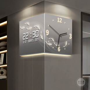 转角双面挂钟装饰画现代简约拐角时钟创意免打孔电子日历钟表挂画