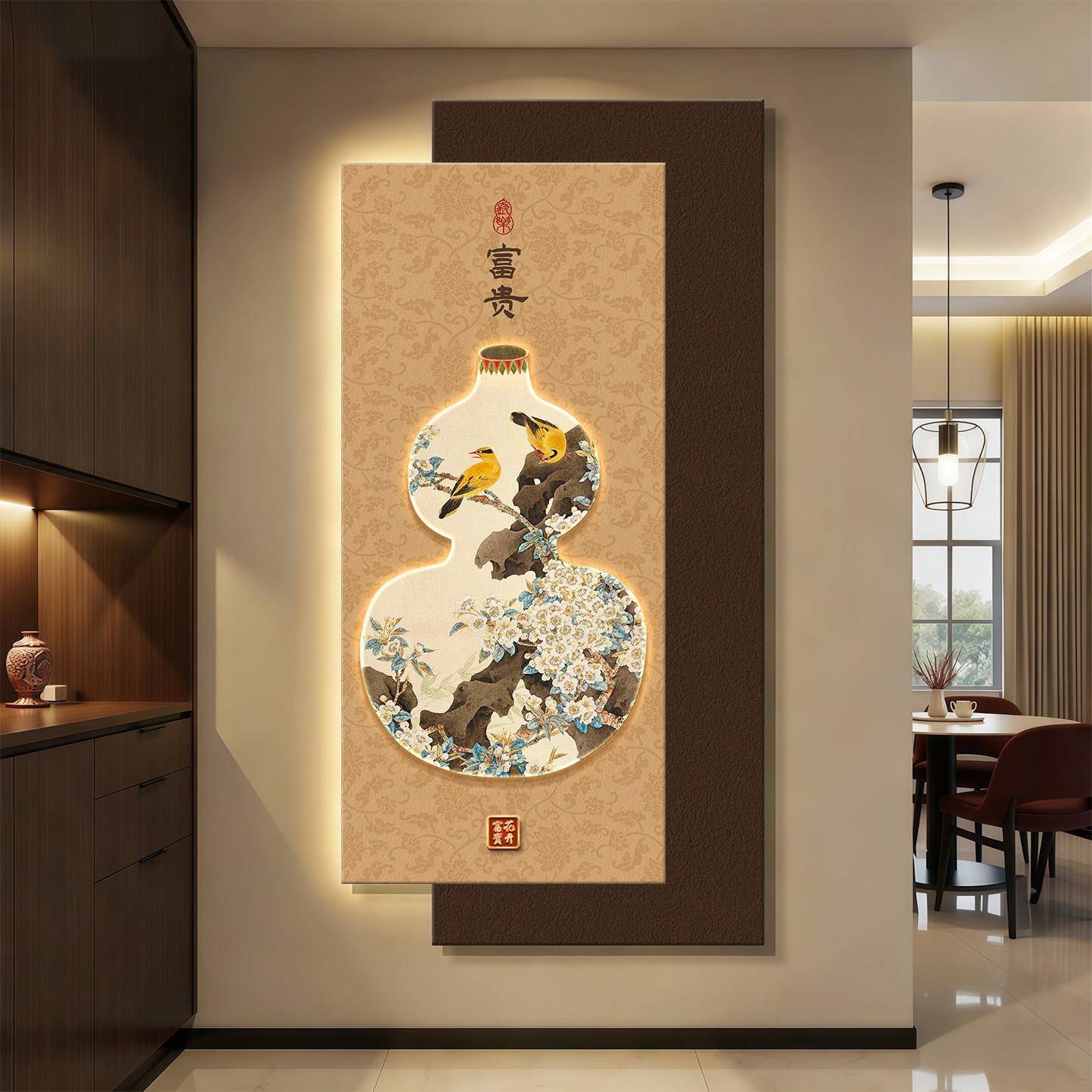 中式葫芦花鸟图现代装饰画客厅玄关挂画富贵寓意层次感百搭