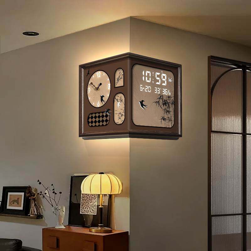 中古风客厅钟表挂钟复古创意转角双面钟带日历电子时钟拐角挂墙钟