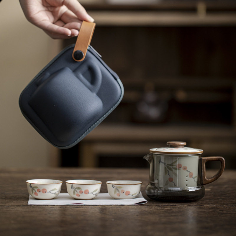 吾唯便携式快客杯一壶三杯旅行茶具套装陶瓷过滤简约高硼硅玻璃