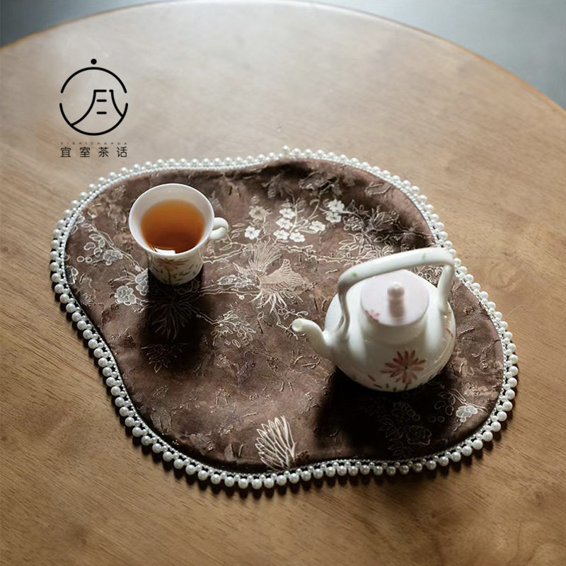 宜室茶话高端织锦带珍珠边干泡茶席垫子手工双面茶桌布垫茶垫桌旗
