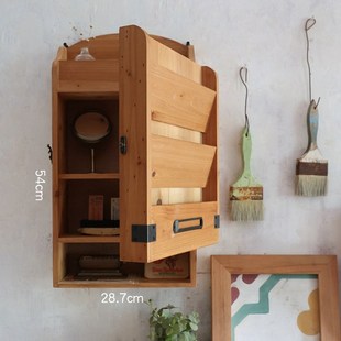 叁杉家居书桌墙上复古木质收纳架香水手账书房挂墙置物架开门壁挂