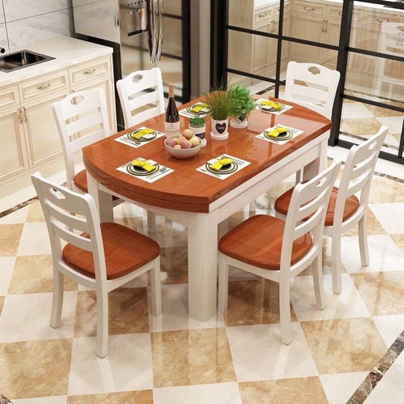 100%全实木橡木餐桌椅组合方圆两用伸缩折叠4-O12人小户型吃饭桌