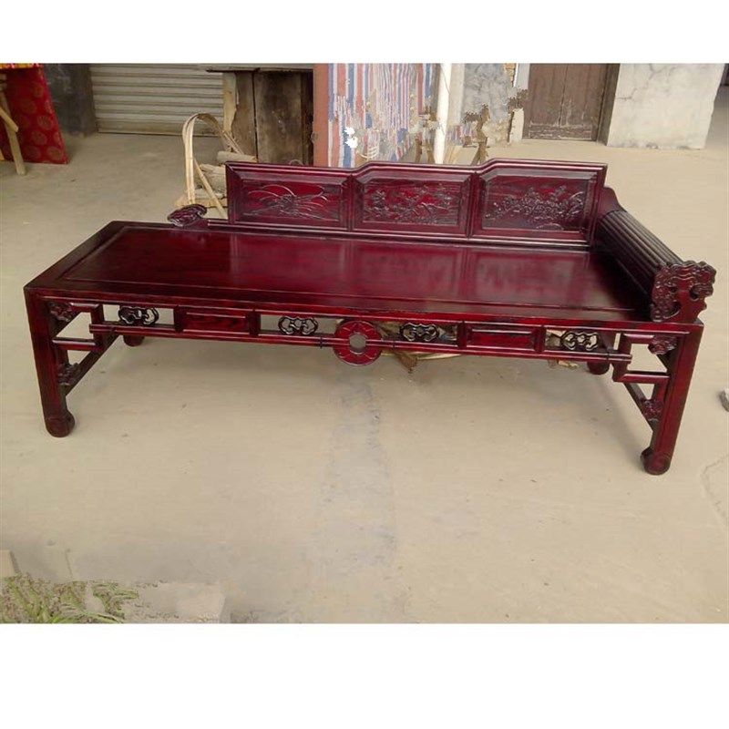 中式实木贵妃椅沙发床雕花美人榻仿古罗汉床客厅躺椅榆木三人沙发