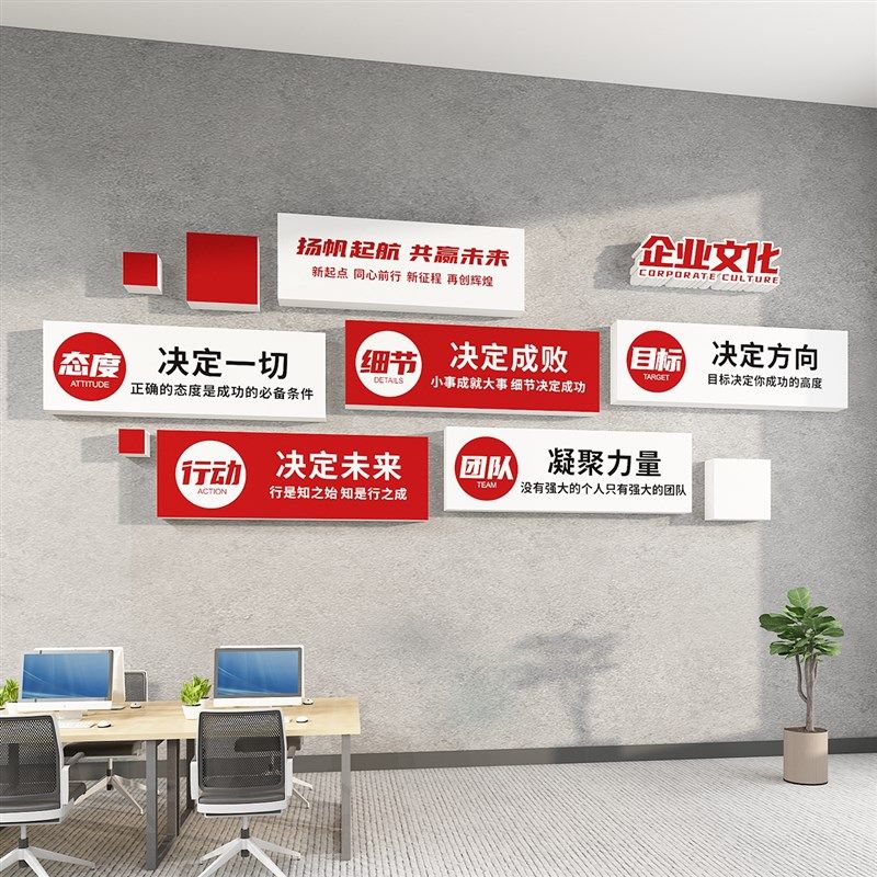 企业文化公司进门形象墙面装饰办室会议部门氛围布置励志标语贴画