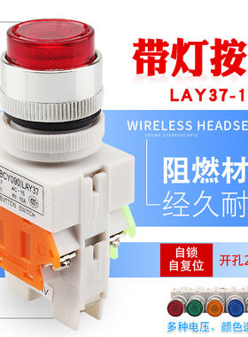 带灯按钮开关eLAY37-11DN自复位自锁式启动停止电源24V220V开孔22