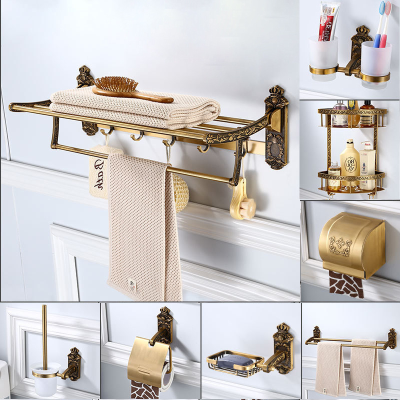 欧式仿古浴巾架太空铝毛巾杆卫生间双层置物收纳架纸巾架皂网套装