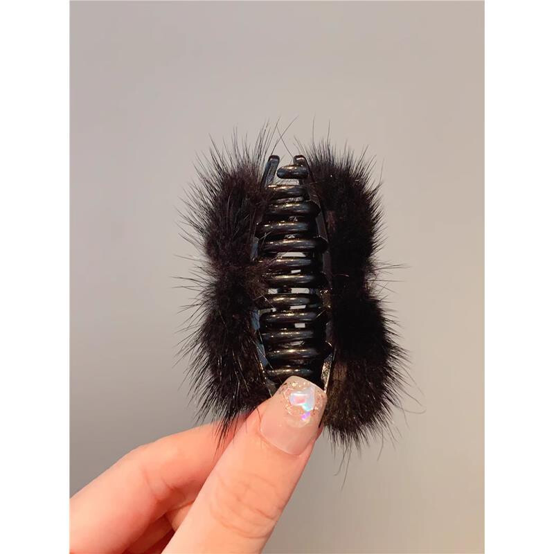 秋冬水晶水貂毛发夹简约中号碎发鲨鱼夹后脑勺半扎发盘发抓夹头饰