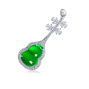 珠宝欧若风直播 满绿葫芦琵琶胸针时尚 AILEQ S925银镶天然玉髓新品