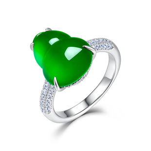 AILEQ 珠宝 925银天然玉髓满绿福禄简约四爪葫芦戒指欧若风时尚