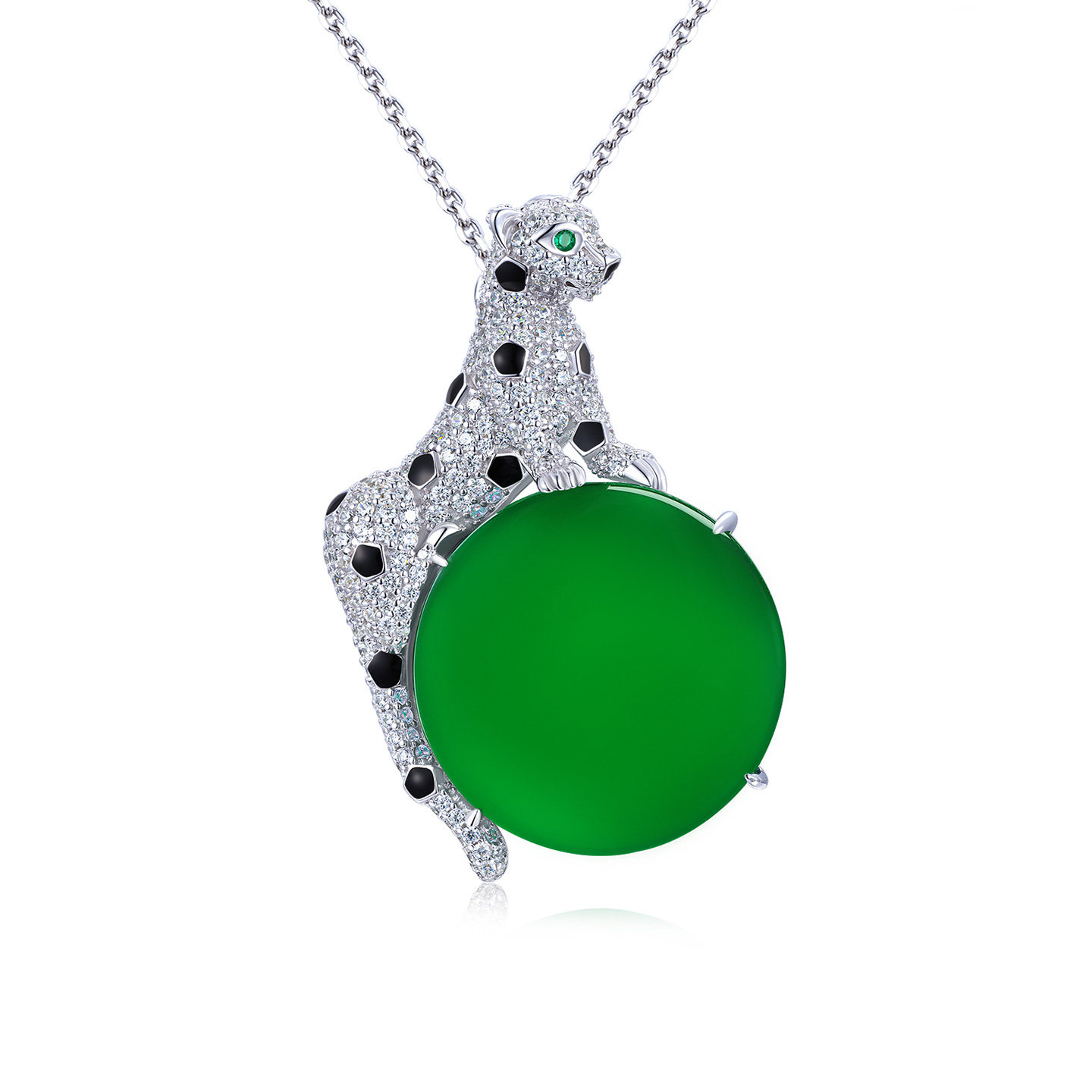 AILEQ纯银天然玉髓一夜豹富阳绿圆平安无事牌玛瑙石吊坠项链K1