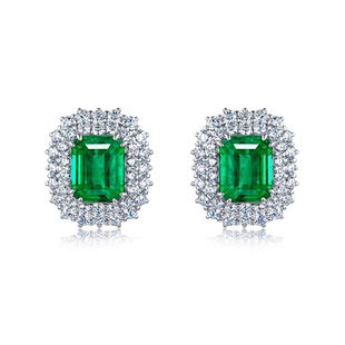 AILEQ 925银耳饰合成宝石木佐绿色宝高级精致小富婆耳钉女士耳饰