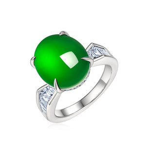 AILEQ 饰品 925银天然玉髓满绿流环蛋面戒指欧若风珠宝明星同款